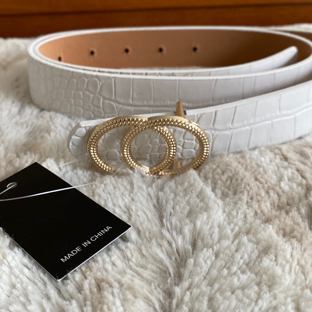 White Crocodile Belt With Gold Buckle